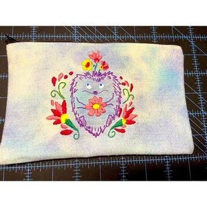 NWT- Hand embroidered Floral Hedgehog zipper pouch